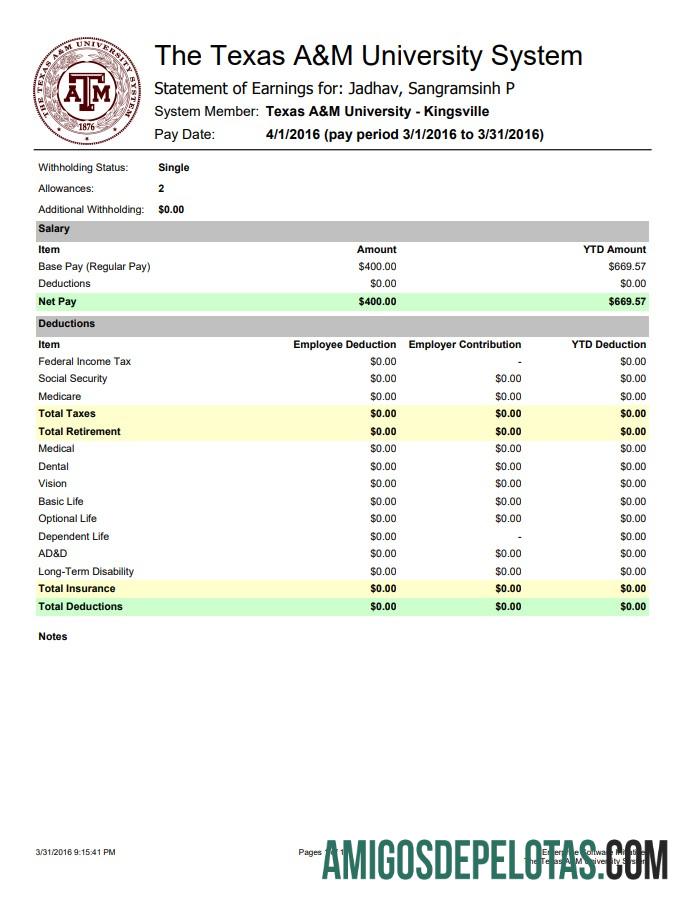 Em branco Modelo Word e PDF de declaração de ganhos do Texas A&M University System